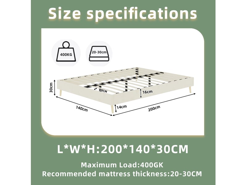  Lit simple 140 × 200 cm 1 place avec éclairage led, sans matelas, structure en tissu et métal, beige  - Conforama D