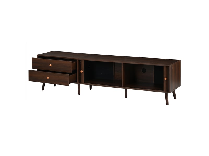  Meuble tv 180 cm effet noyer, 2 tiroirs, 2 portes coulissantes à lamelles et 8 pieds Fay Lum - Conforama D