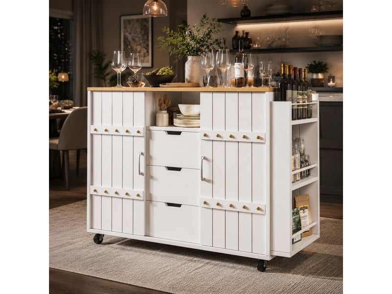  Desserte de cuisine avec 2 portes coulissantes, 3 tiroirs, plateau rabattable et roulettes pour cuisine, 110×42×90 cm  - Conforama C