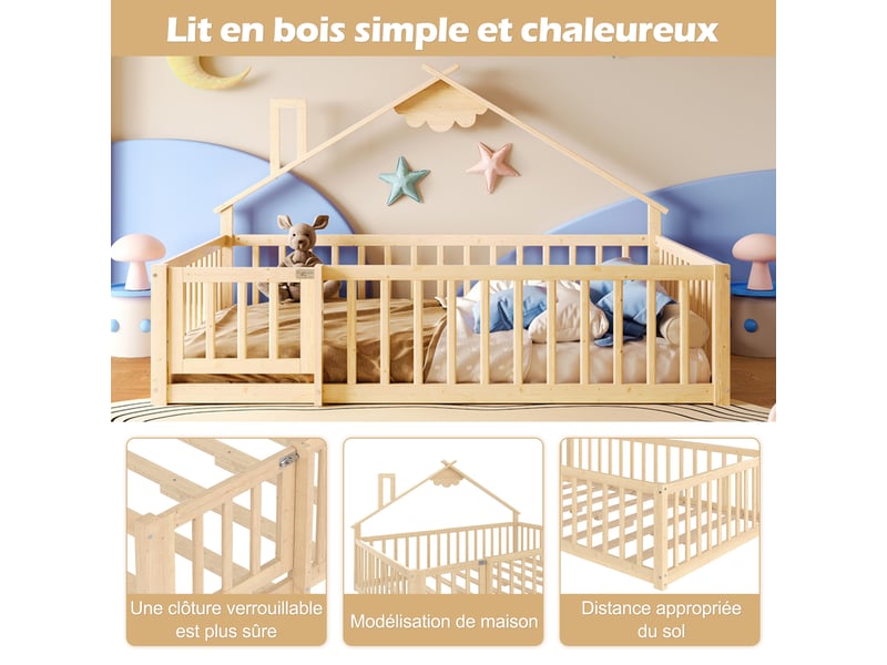  Lit enfant 140x190 cm, forme de maison, garde-corps, sommier, pin naturel, sans matelas  - Conforama D