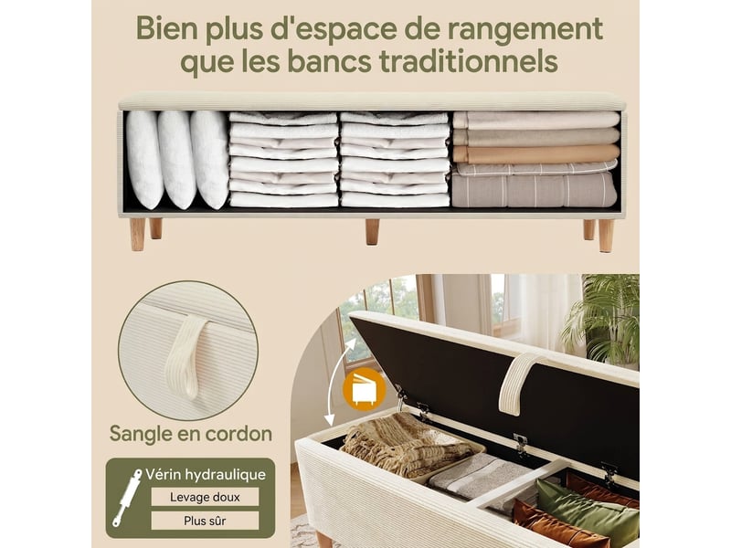  Banc de lit beige 165 cm en velours côtelé avec coffre hydraulique  - Conforama E