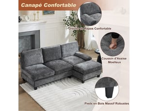 Canapé d'angle 3 places l 194 cm gris clair - canapé-lit réversible en tissu