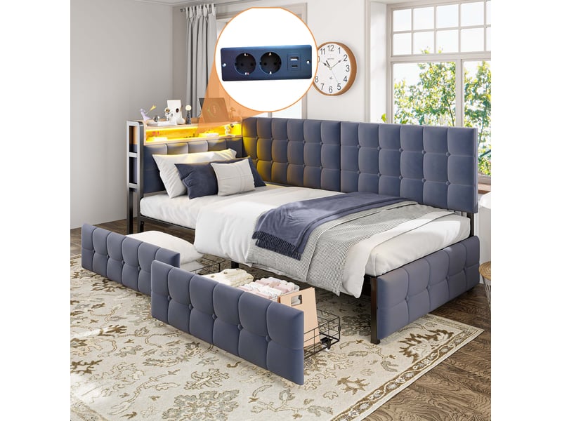  Lit enfant 90 x 200 cm, 2 tiroirs, tête led multicolore, prise usbtype-c, ossature métal, velours gris foncé, sans matelas  - Conforama W