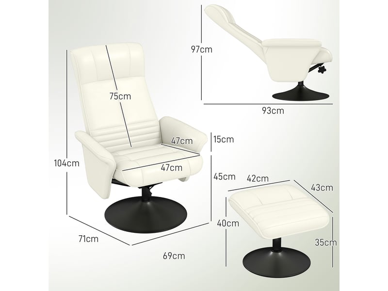  Fauteuil inclinable, fauteuil tv avec repose-pieds, pivotant, ergonomique, aspect microfibre, jusqu'à 150 kg, blanc crème  - Conforama E