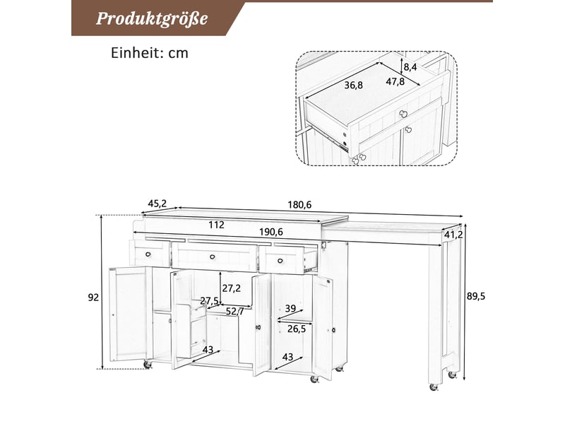  Îlot de cuisine mobile extensible, rangement aux épices, 3 tiroirs, mdf, noir et naturel  - Conforama C