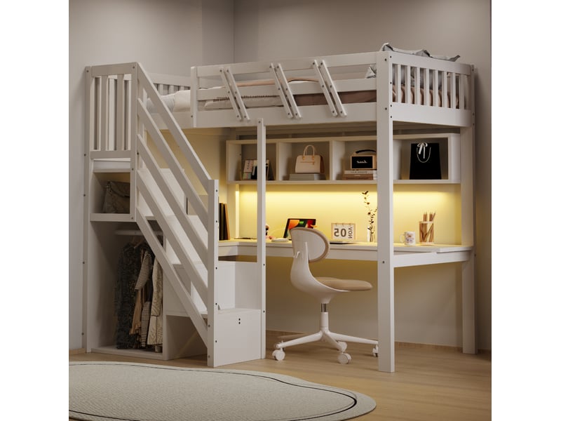  Lit mezzanine enfant 90×200 cm avec escalier de rangement, bureau et led, bois, blanc, sans matelas  - Conforama D