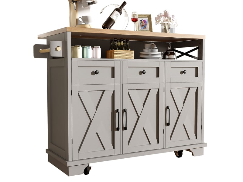  Îlot de cuisine gris avec plateau rabattable, desserte de cuisine à roulettes en mdf et métal, 118x43x98cm  - Conforama R