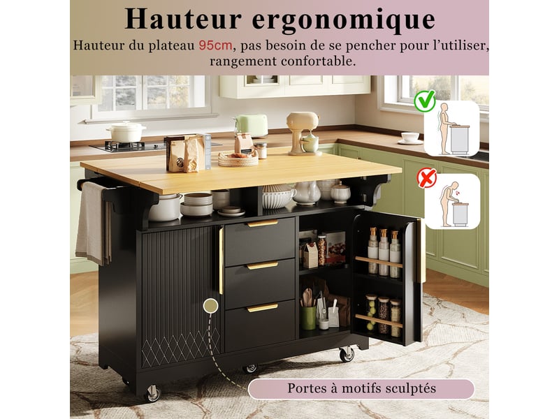 Îlot de cuisine extensible 120-197 x 40-80 x 95 cm, roulettes, 3 tiroirs, étagères réglables, noir et chêne  - Conforama B