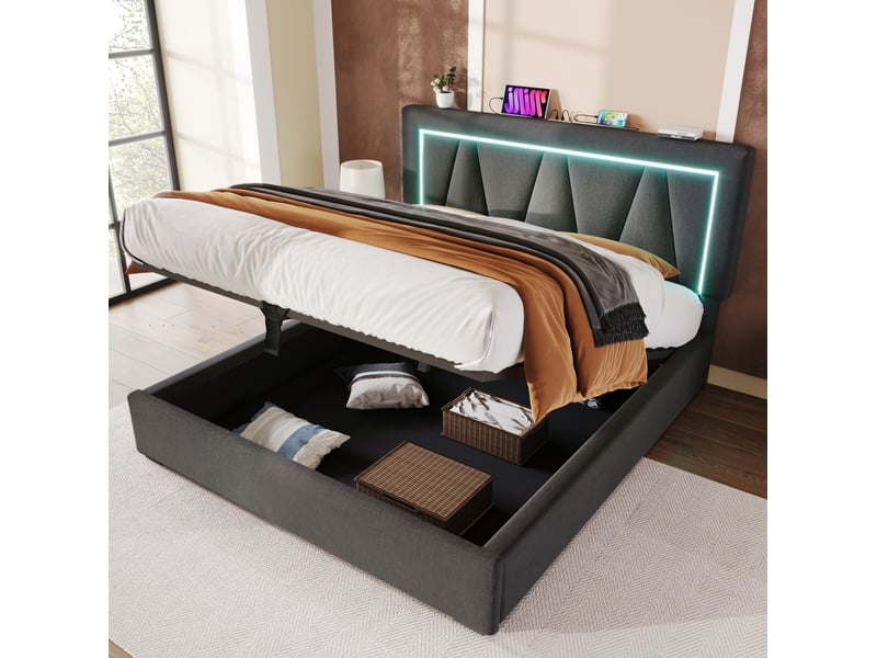  Lit double avec led, usb et type-c, coffre de rangement, tête de lit réglable pour chambre, 160x200 cm, gris  - Conforama E