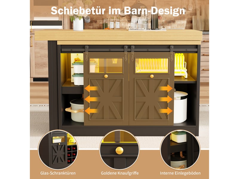  Îlot de cuisine, ensemble table à manger et meuble latéral multifonction, pivotant à 360°, éclairage couleur connecté, noir  - Conforama E