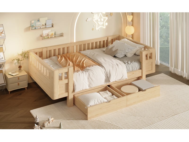  Lit plateforme 90x200 cm avec barrière de sécurité haute et deux grands tiroirs bois  - Conforama E