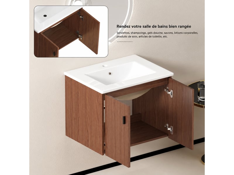  Meuble de salle de bains 60 cm brun rougeâtre avec 2 portes à fermeture amortie  - Conforama E