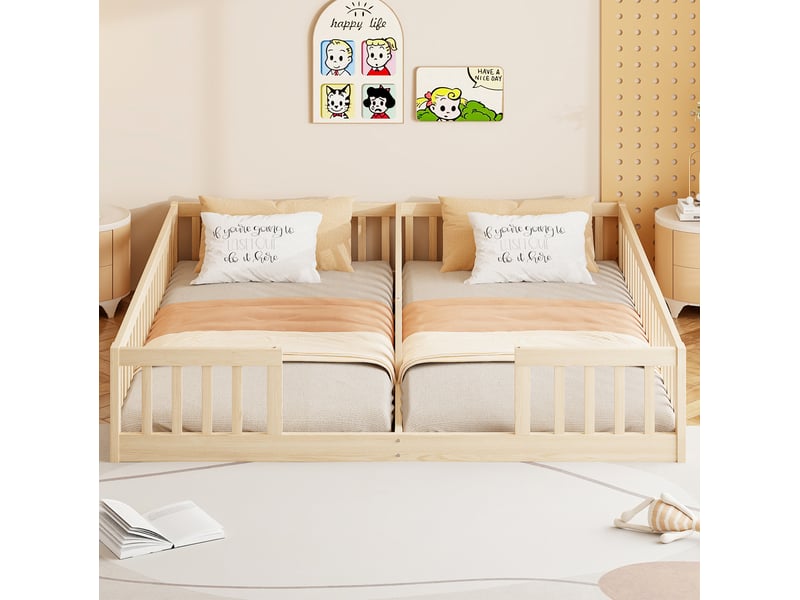  Lit enfant double 90x200 cm en pin naturel avec barrières  - Conforama D