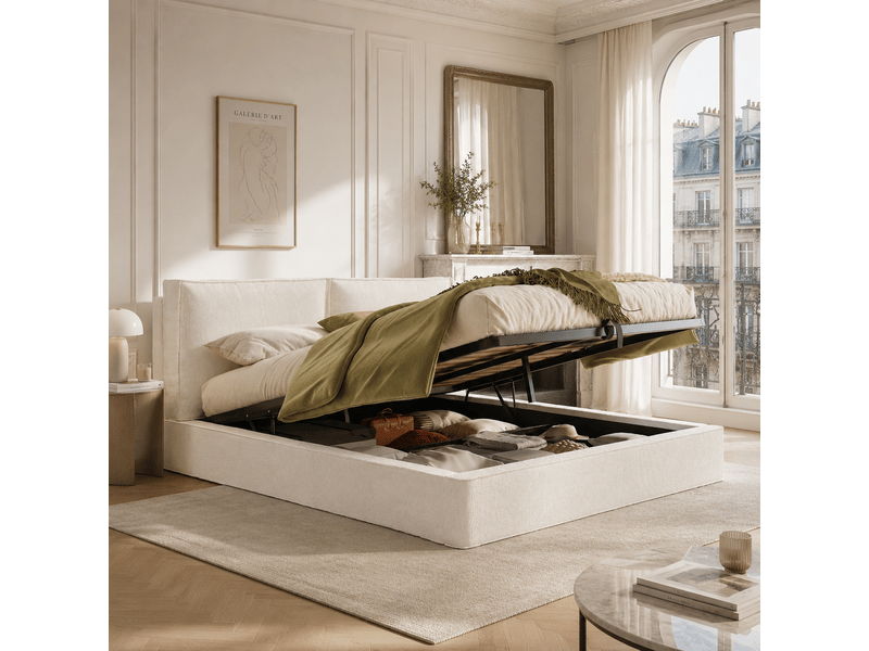 Lit coffre rembourré 180 x 200 cm en bouclé beige, tête de lit épaisse, sommier à lattes N634U0009A - Conforama E
