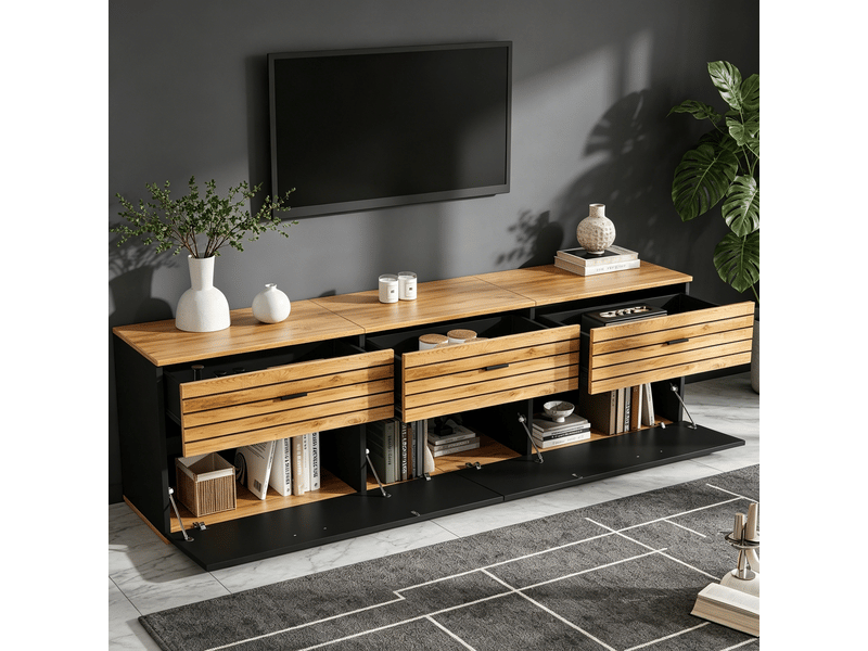  Meuble tv bas 168x38x59 cm pour tv 65 pouces, 3 tiroirs, 2 portes abattantes, rangements, mdf et panneaux de particules – bois naturel et noir  - Conforama C