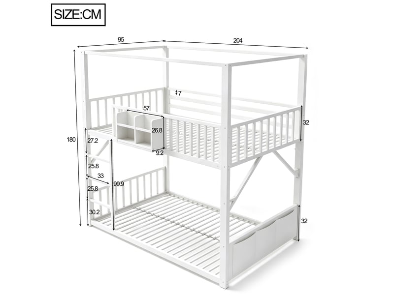  Lit superposé enfant 90x200 cm - 2 couchages - structure métal avec toit - barrière de sécurité - rangement - blanc  - Conforama C