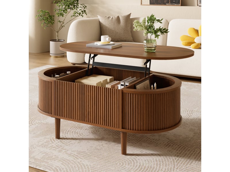  Table basse ovale relevable avec rangement, table salon effet ondulé, mdf noyer  - Conforama W