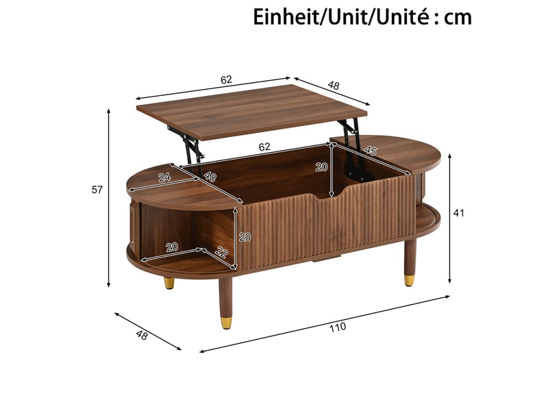  Table basse ovale 110x48x57 cm relevable avec rangement coloris noyer  - Conforama C