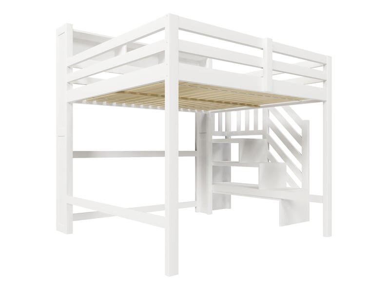  Lit mezzanine 140 x 200 cm lit double éclairage led grand rangement sous le lit échelle de rangement compartiment de rangement ouvert blanc  - Conforama A