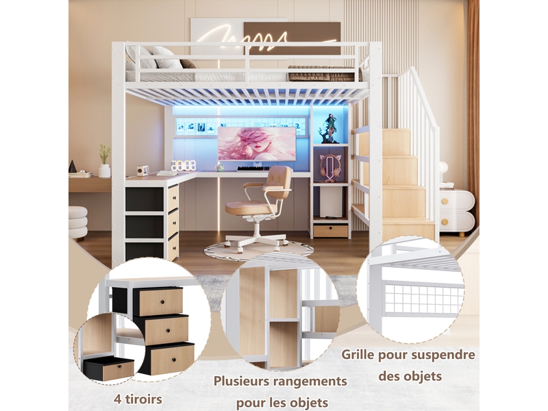  Lit mezzanine 140 × 200 cm 2 places avec bureau, 4 tiroirs, led et escaliers de rangement, sans matelas, blanc  - Conforama E