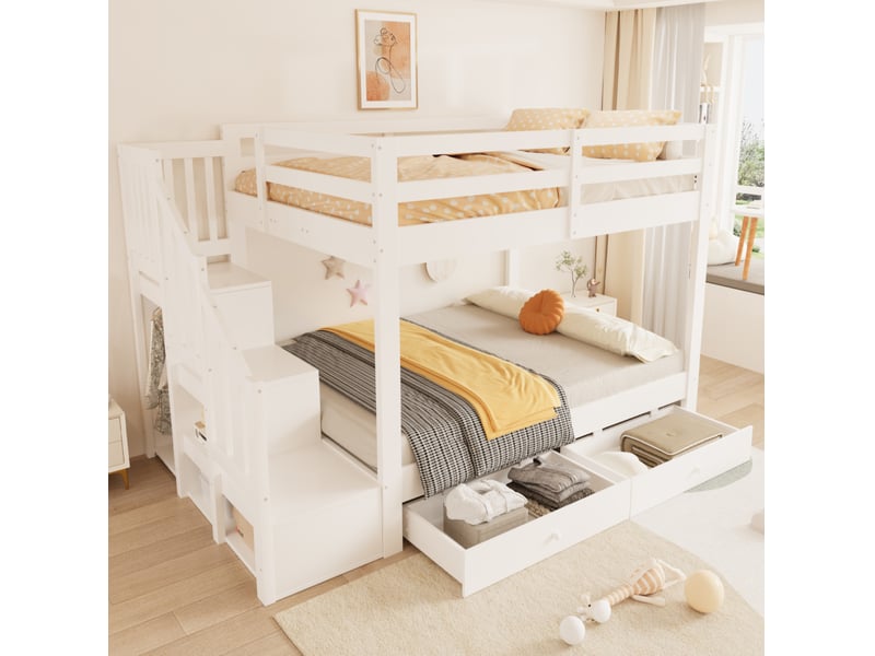Lit superposé 140x200 cm avec escalier, 2 tiroirs, barrière de sécurité, pour chambre, bois et mdf, blanc, sans matelas - Conforama E