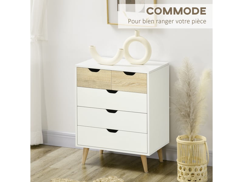  Commode 5 tiroirs meuble de rangement 4 pieds biseautés - bois, 60 x 40 x 77,5 cm, blanc  - Conforama D