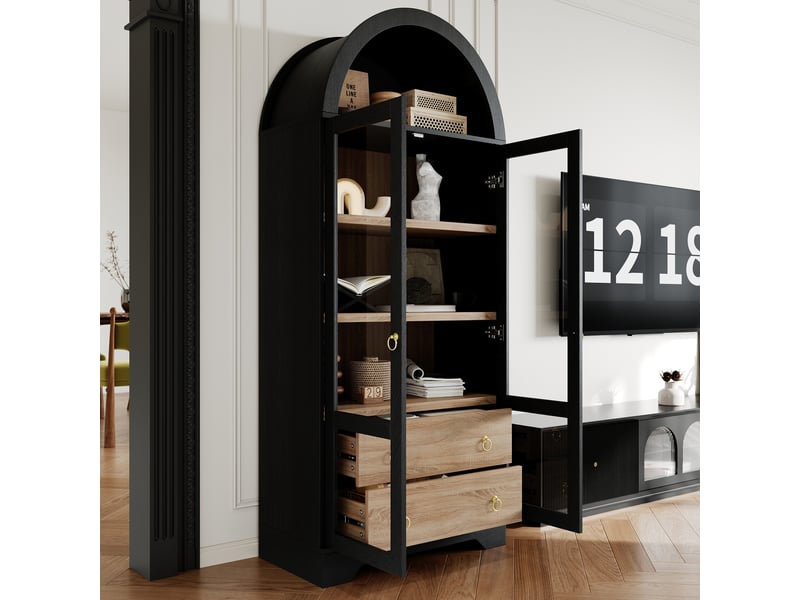  Buffet de cuisine 2 portes 2 tiroirs 76x40x180 cm - meuble de rangement avec étagères réglables et portes vitrées - noir  - Conforama B