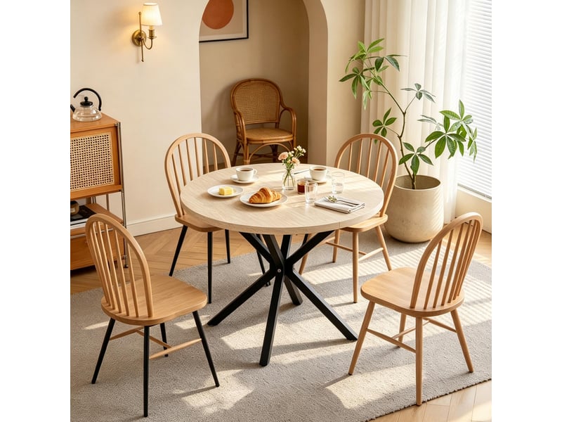 Table de salle à manger ronde 100 cm en mdf décor bois clair, piètement métal noir pour 4 à 6 convives - Conforama E