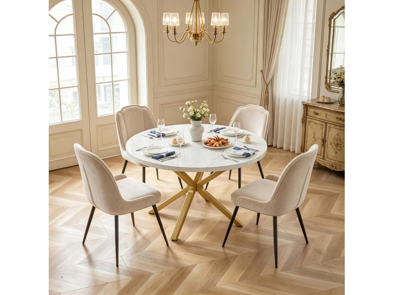  Table à manger ronde ø 100 cm pour 2 à 4 personnes, effet marbre blanc et doré  - Conforama D