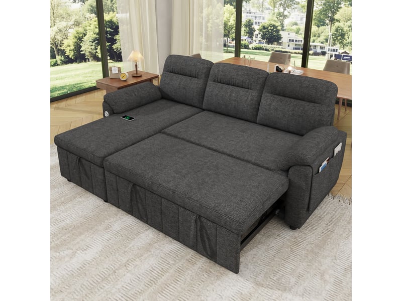 Canapé d'angle convertible 208x131x88cm avec méridienne réversible, couchage, coffre de rangement, usbtype-c, appuie-tête réglable, chenille-gris Bliss Lite - Conforama B