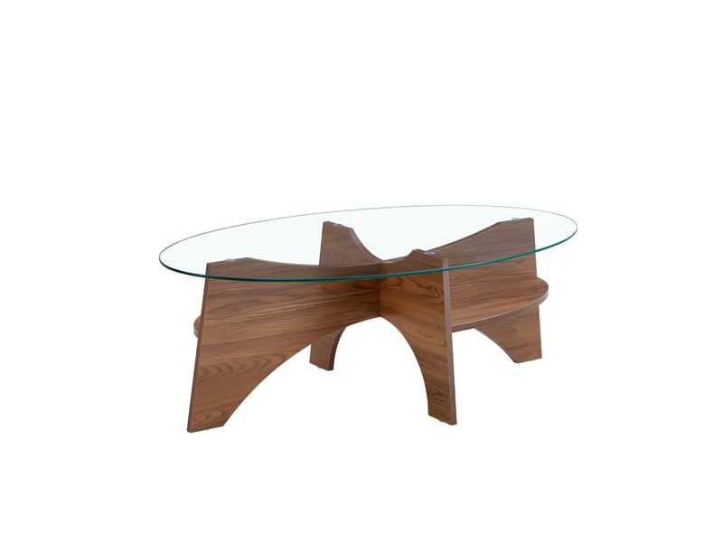 Table basse ovale 104,9x60x35,6 cm, table de salon, plateau en verre, pour salon, mdf, élégante, transparent et noyer - Conforama E