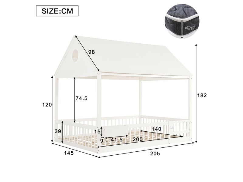 Lit cabane enfant 140x200 cm – blanc – rideaux décoratifs et rangement latéral ouvert – sans matelas - Conforama C