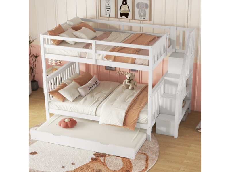  Lit superpose avec rangement 140×200 cm blanc | escalier de rangement, lit extractible à roulettes, barrières hautes, certifié en747‑1  - Conforama B