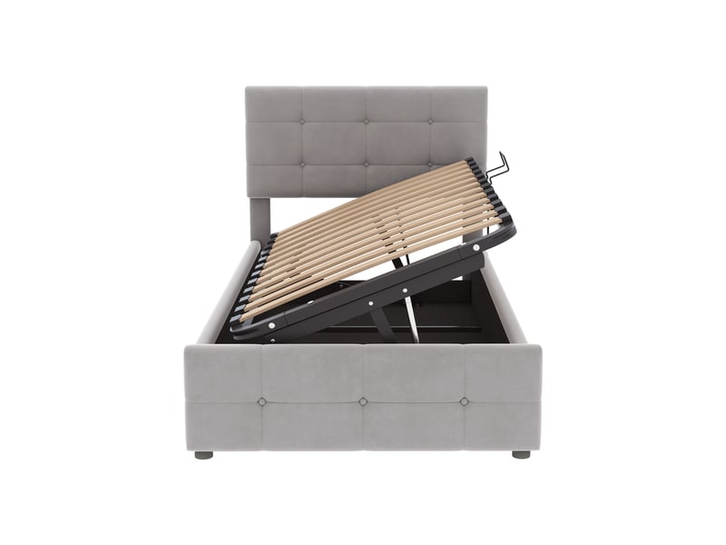  Lit coffre simple 90x200 cm avec tête réglable, velours, gris, sans matelas  - Conforama C