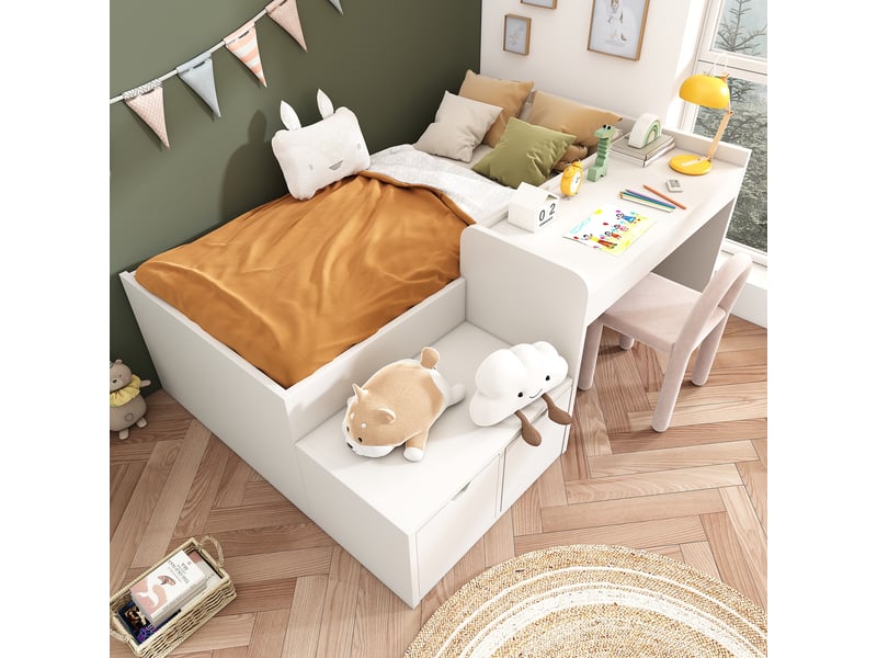  Lit coffre enfant 90x200 cm avec bureau, 2 tiroirs et rangement, sommier inclus, pin et mdf, blanc, sans matelas  - Conforama W