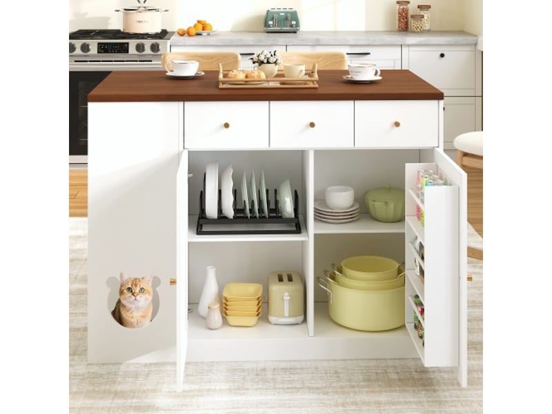  Îlot de cuisine roulant extensible 120x70x90 cm, 3 tiroirs, porte-épices, espace chat, rangement, blanc et bois de noyer  - Conforama C