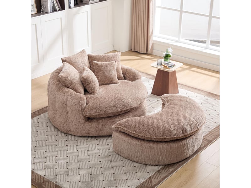  Fauteuil 1 place - 190x138x83cm - fauteuil rond oversized en polyester moderne et moelleux avec pouf et coussins - marron  - Conforama B