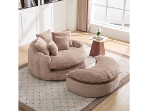 Fauteuil 1 place - 190x138x83cm - fauteuil rond oversized en polyester moderne et moelleux avec pouf et coussins - marron