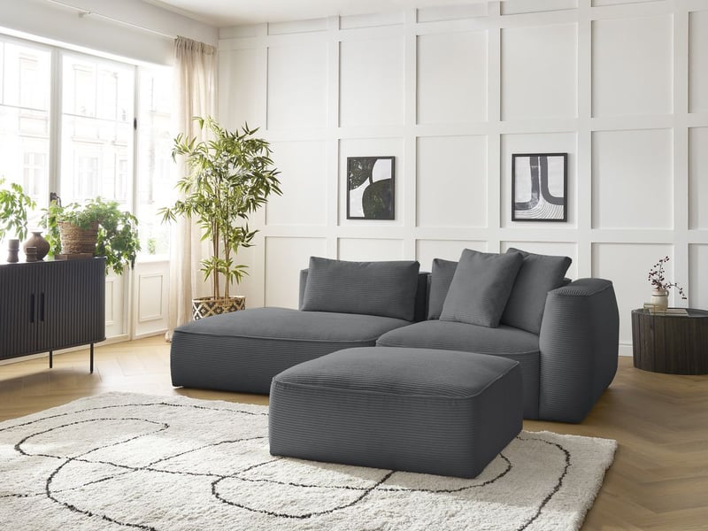  Bobochic canapé droit fixe 3 places leopold velours côtelé avec pouf gris foncé  accoudoir droit LEOPOLD - Conforama D