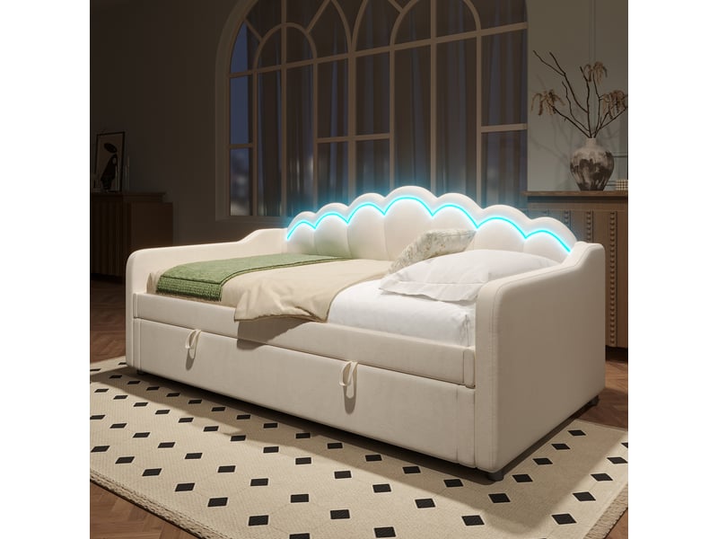 Lit banquette coffre rembourré 90x200 cm en velours avec rangement hydraulique, dossier ondulé, bande led multicolore télécommandée, beige - Conforama B