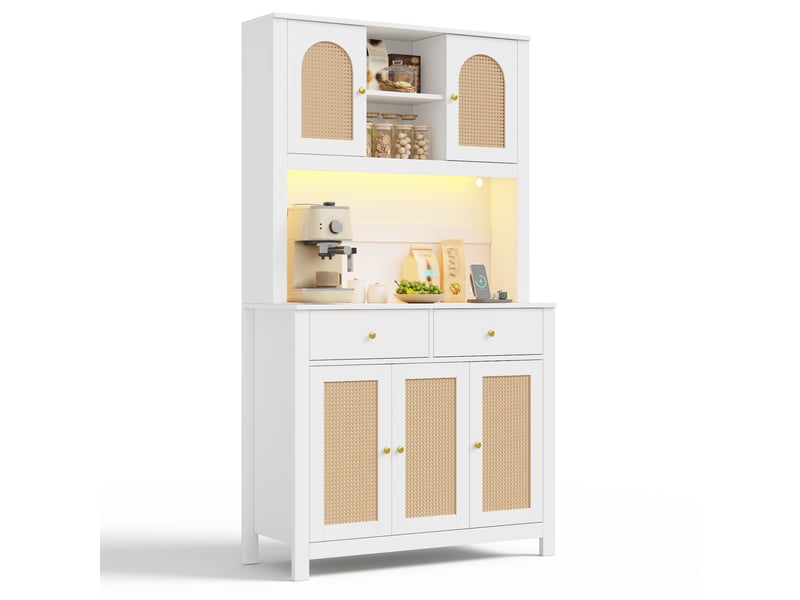  Meuble de cuisine muvano, buffet haut 100 × 40 × 180 cm, blanc, portes en rotin et led  - Conforama A