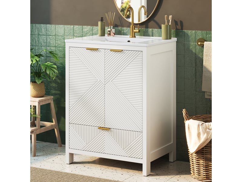  Meuble sous-vasque sur pied 61x47x87 cm, meuble salle de bain avec vasque céramique, motif ondulé, tiroirs et étagères, fermeture amortie, mdf, blanc Bliss Lite - Conforama D