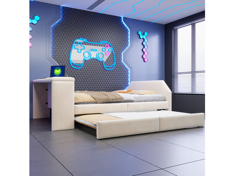  Lit enfant 140x200 cm avec bureau intégré et lit gigogne beige sans matelas  - Conforama D