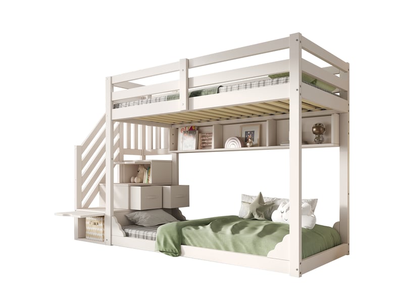  Lit superposé enfant 90x200 cm avec rangement, coffre et étagères, lit en bois blanc avec barrière de sécurité pour enfants - blanc (sans matelas)  - Conforama A