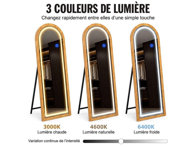  Miroir sur pied led arqué 160x50 cm avec éclairage 3 couleurs – grand miroir psyché pleine longueur tactile et dimmable, cadre finition bois naturel pour chambre et dressing  - Conforama B