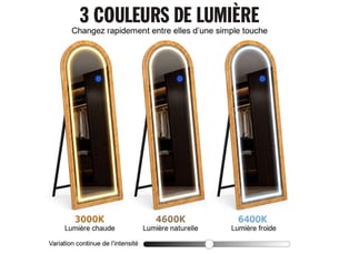 Miroir sur pied led arqué 160x50 cm avec éclairage 3 couleurs – grand miroir psyché pleine longueur tactile et dimmable, cadre finition bois naturel pour chambre et dressing