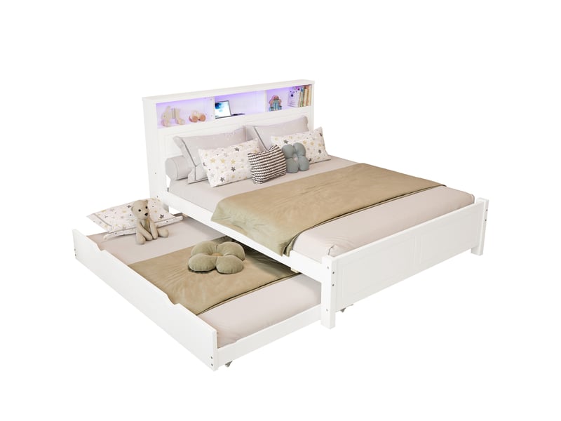  Lit familial 120x200 cm avec lit gigogne 90x190 cm-led et prise usb-rangement intégré en pin et mdf-blanc  - Conforama A
