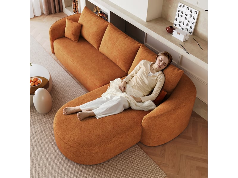  Canapé d'angle gauche 3 places sans montage à mousse haute élasticité en tissu chenille orange, 266 × 168 × 85 cm  - Conforama E