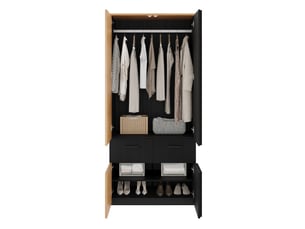 Armoire portes persiennes, garde-robe noire et bois, 90x50x200 cm avec tringle et tiroirs