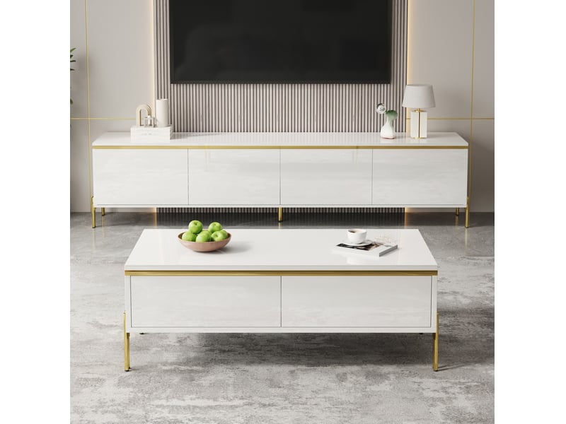  Meuble tv et table basse, 170x38x50 cm et 100x50x36 cm, rangements, panneaux de particules, blanc et doré  - Conforama B